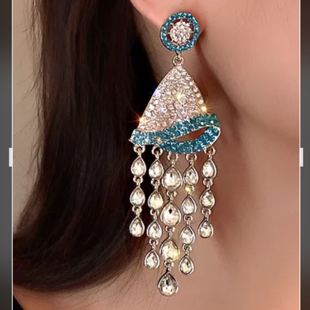 Long Clear and Blue Chandelier Pageant earrings